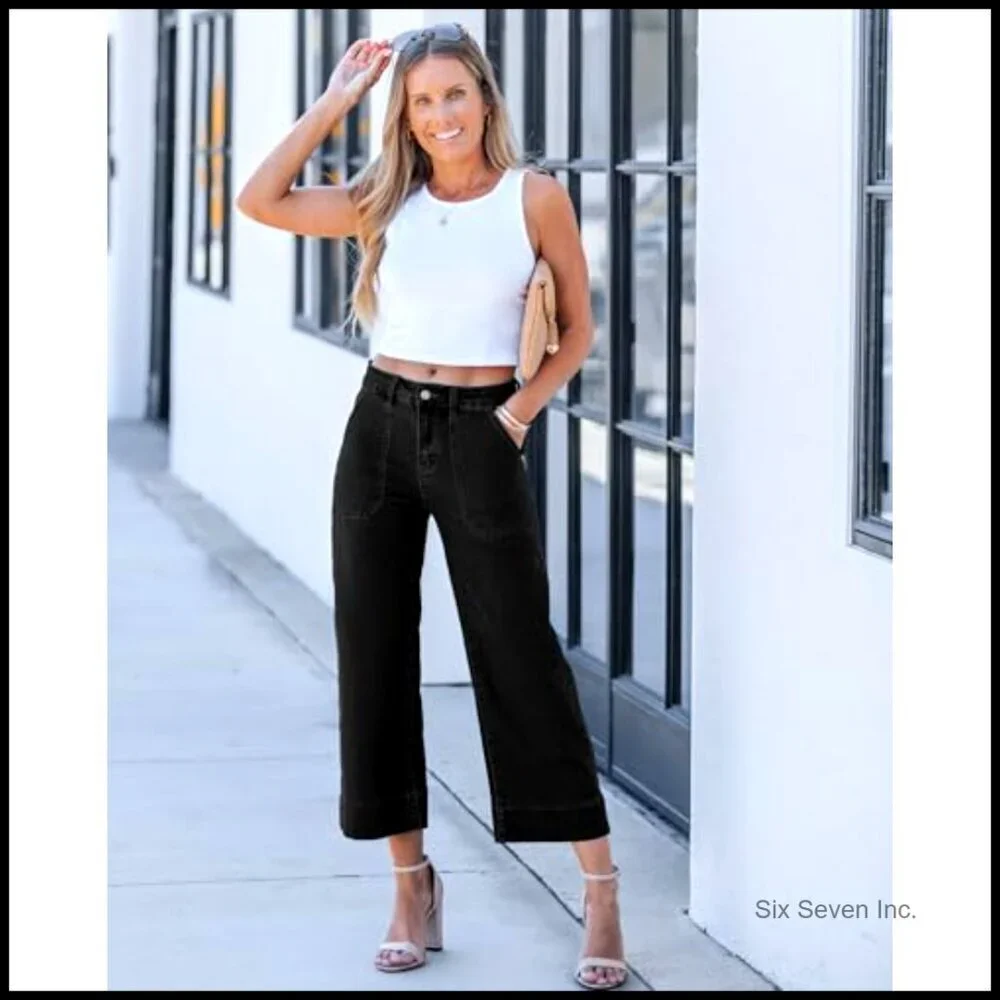 High Waisted Wide Leg Cropped Jeans Stretchy Denim Trendy Y2K Oversized